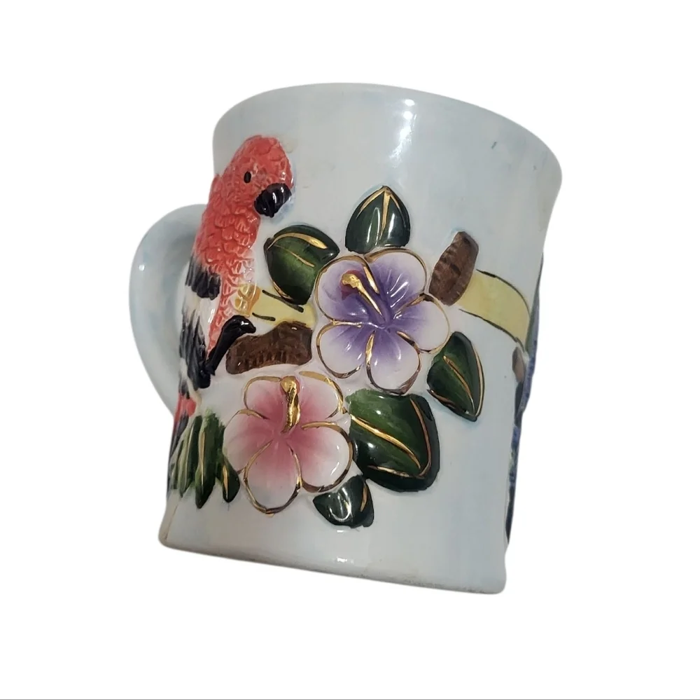Vintage Embossed Tropical Bird & Flower Mug